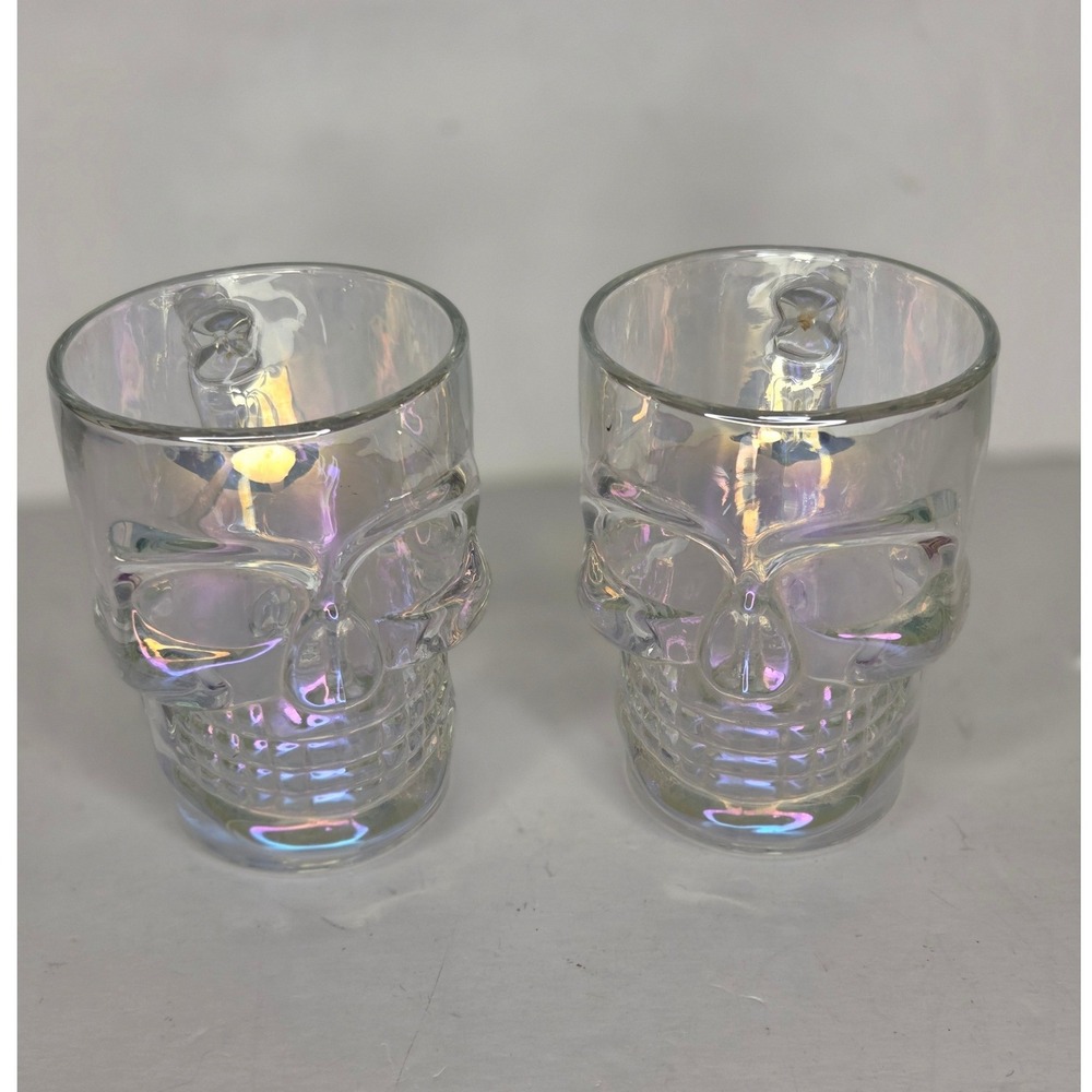 Iridescent Glass Skull Mugs Set of 2 Holographic Gothic Halloween Barware